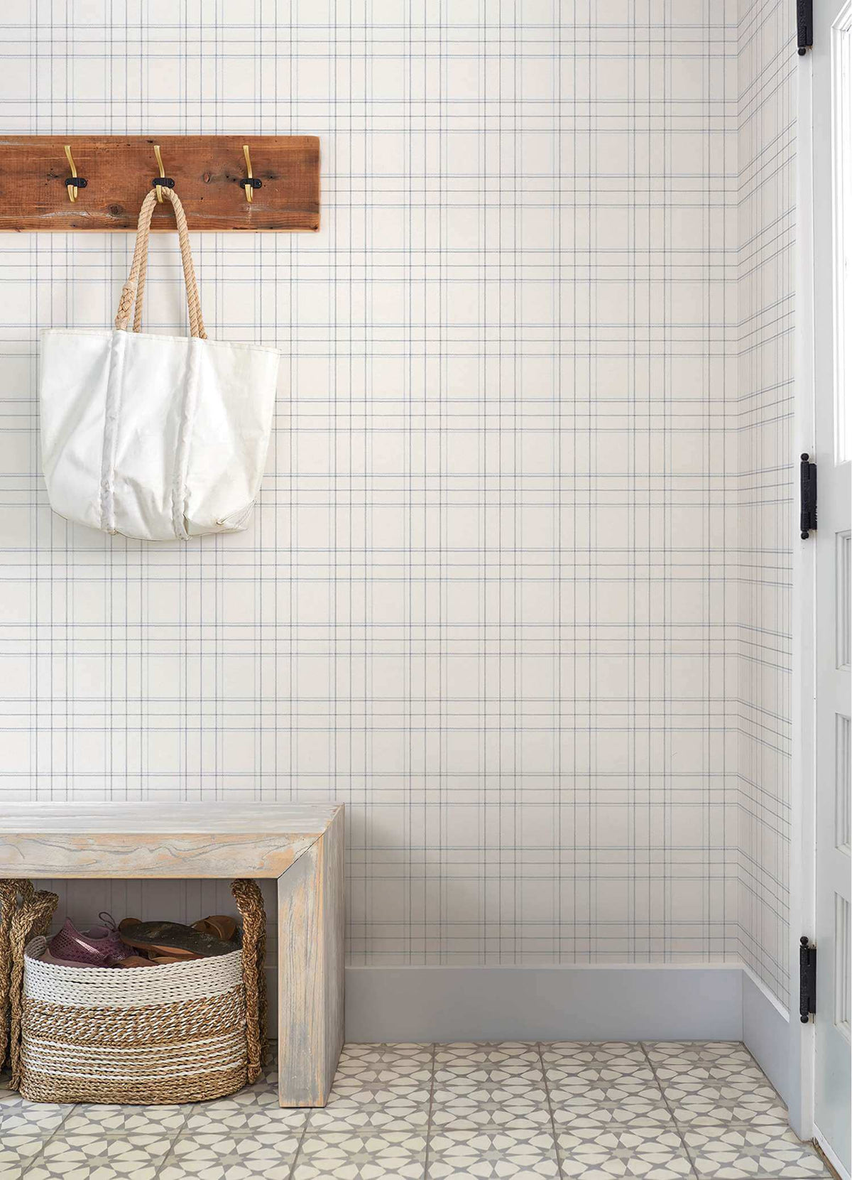 Chesapeake Plaid & Stripe Fox Hollow Wallpaper Sample - White