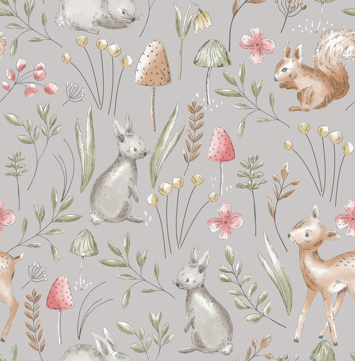 Advantage World of Imagination Forest Animals Wallpaper - Grey