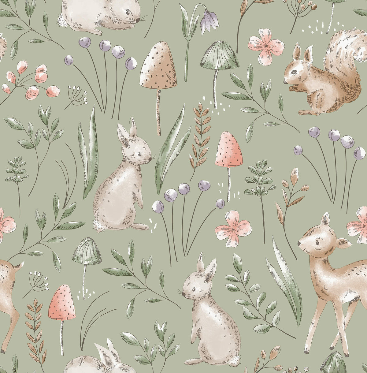Advantage World of Imagination Forest Animals Wallpaper - Sage