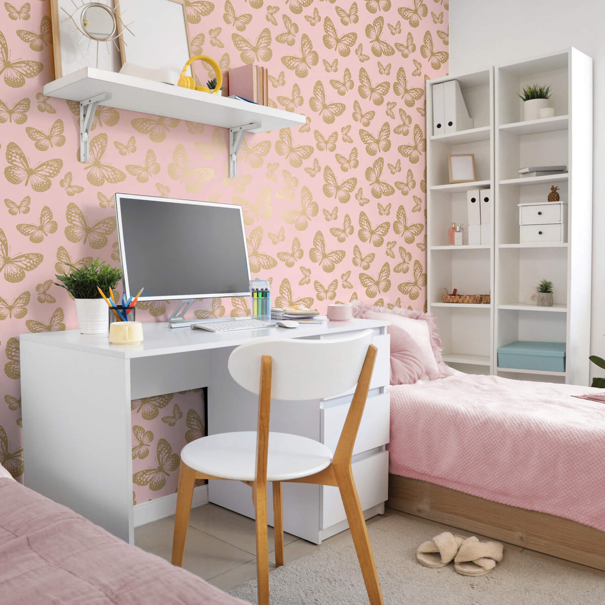 Advantage World of Imagination Metallic Butterflies Wallpaper - Pink