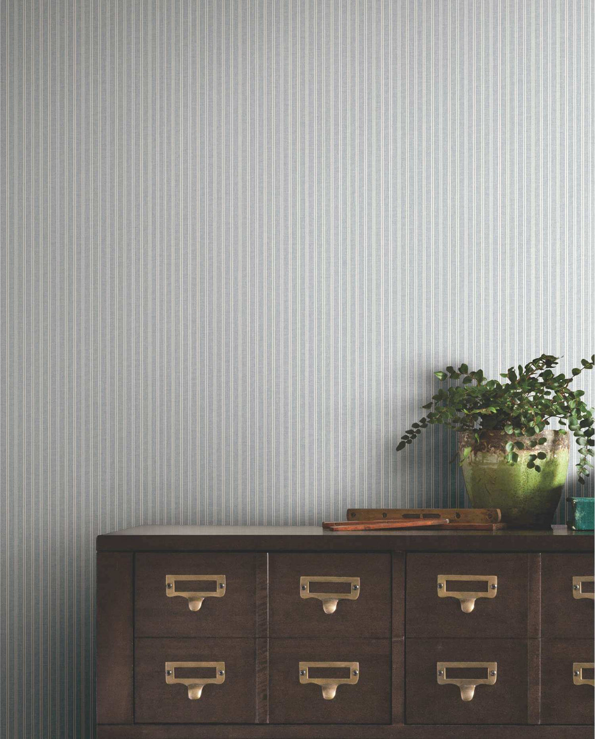 Ronald Redding Private Reserve Ticking Stripe Wallpaper Sample - Blue