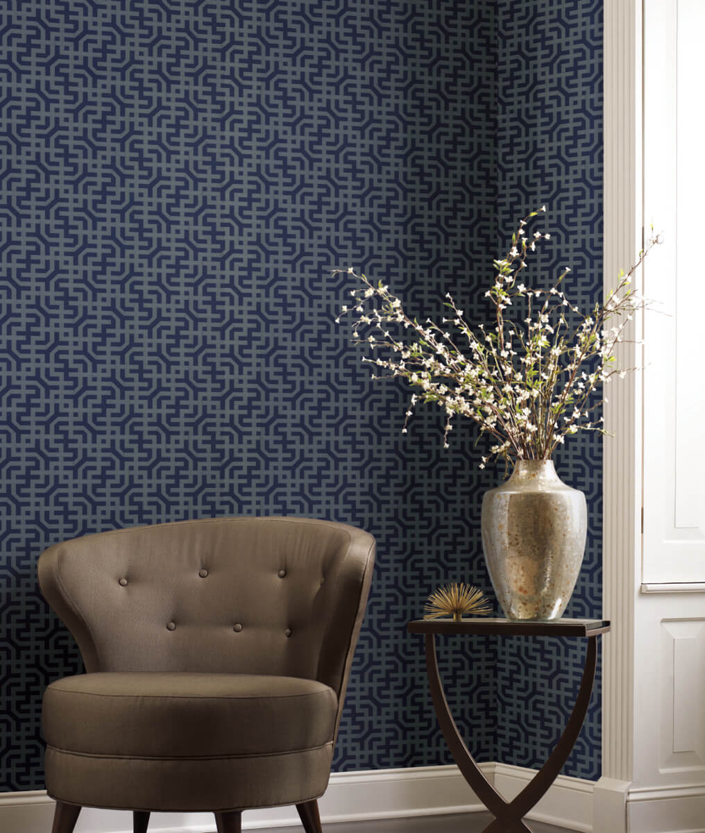 Ronald Redding Traveler Dynastic Lattice Wallpaper - Navy Blue