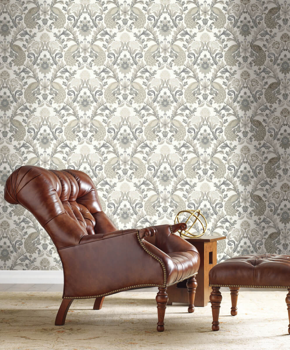 Ronald Redding Arts & Crafts Plume Dynasty Wallpaper - White & Neutral