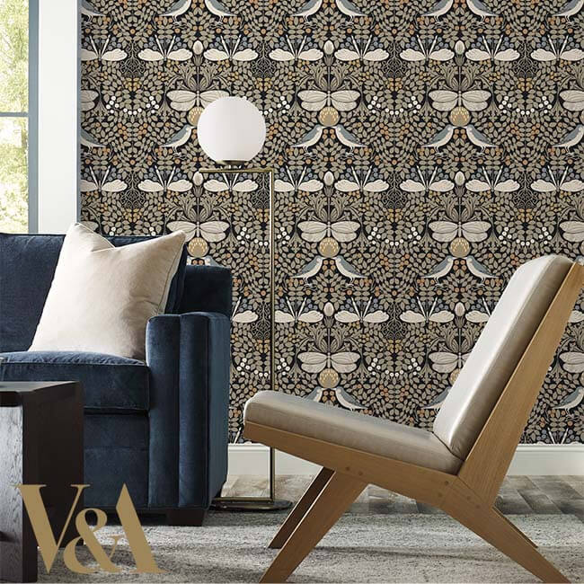 Ronald Redding Arts & Crafts Butterfly Garden Wallpaper - Black