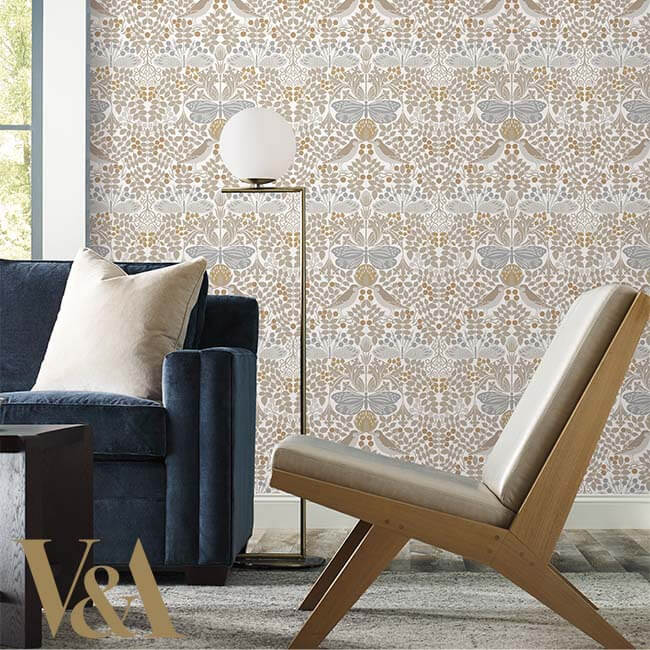 Ronald Redding Arts & Crafts Butterfly Garden Wallpaper Sample - White