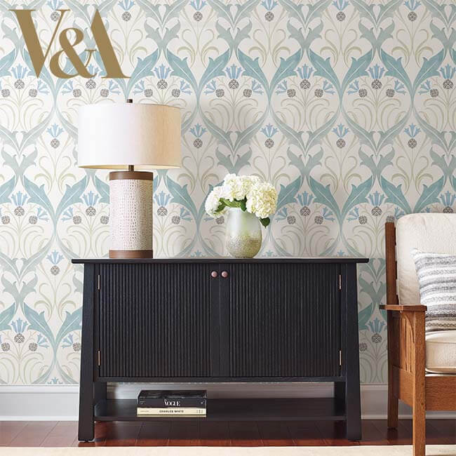 Ronald Redding Arts & Crafts Pine Cone Ribbon Wallpaper - Teal