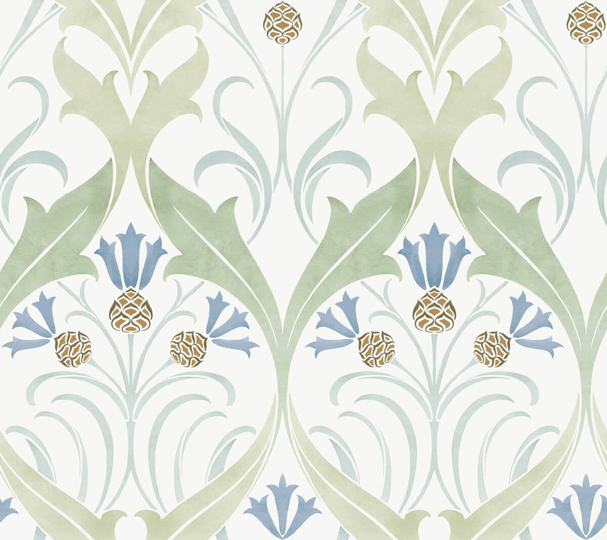 Ronald Redding Arts & Crafts Pine Cone Ribbon Wallpaper Sample - Green & Blue