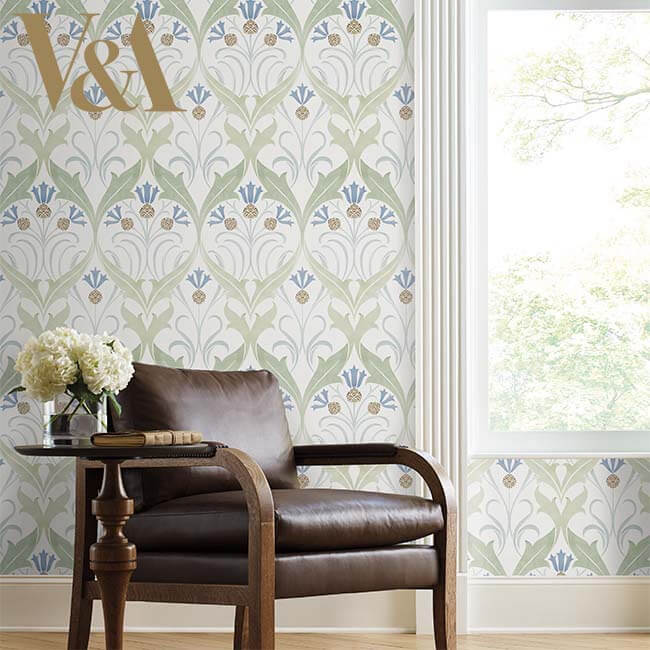 Ronald Redding Arts & Crafts Pine Cone Ribbon Wallpaper Sample - Green & Blue