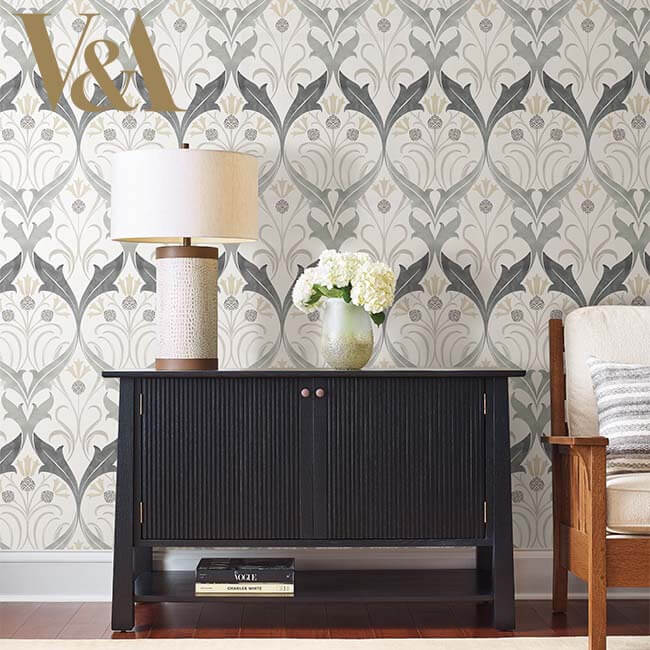 Ronald Redding Arts & Crafts Pine Cone Ribbon Wallpaper Sample - Charcoal