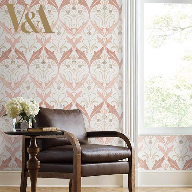 Ronald Redding Arts & Crafts Pine Cone Ribbon Wallpaper - Blush