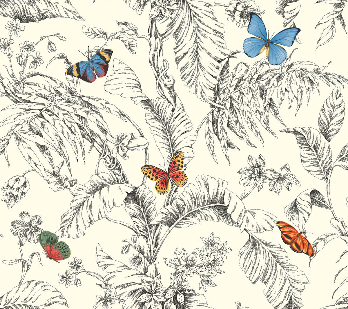 York Toile Papillon Wallpaper - Orange & Blue