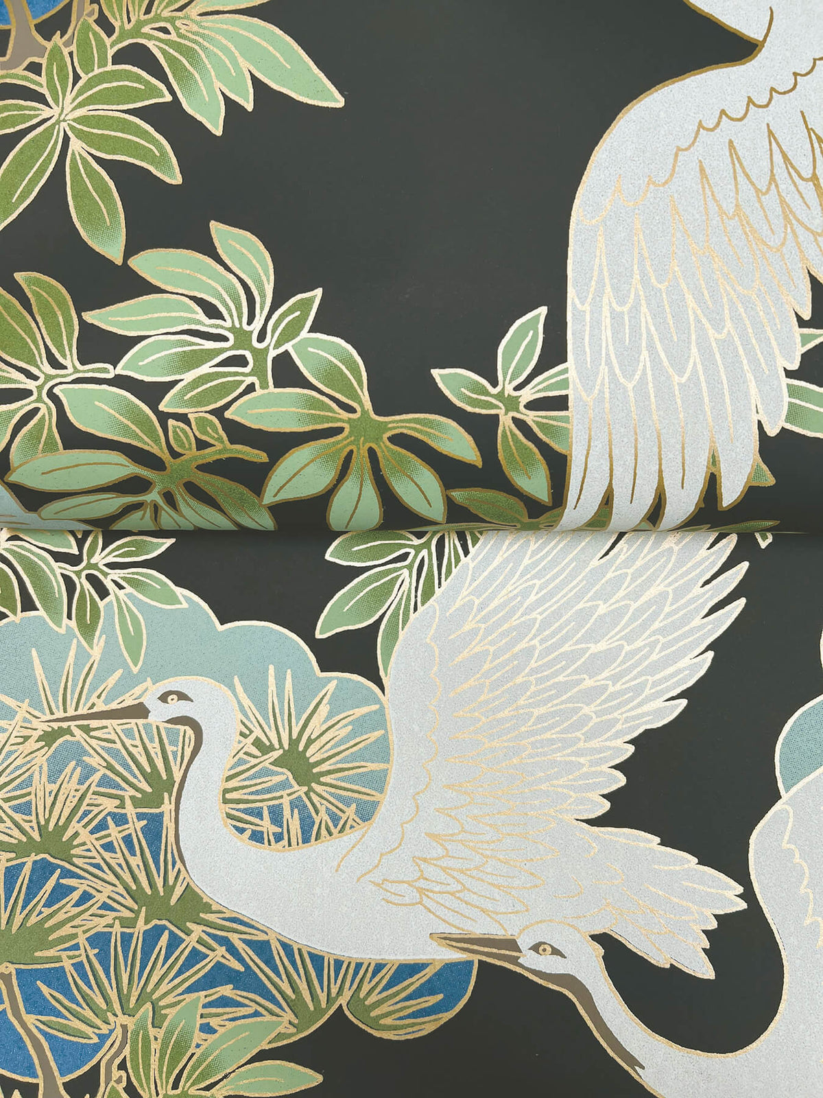 Ronald Redding Tea Garden Sprig & Heron Wallpaper Sample - Black