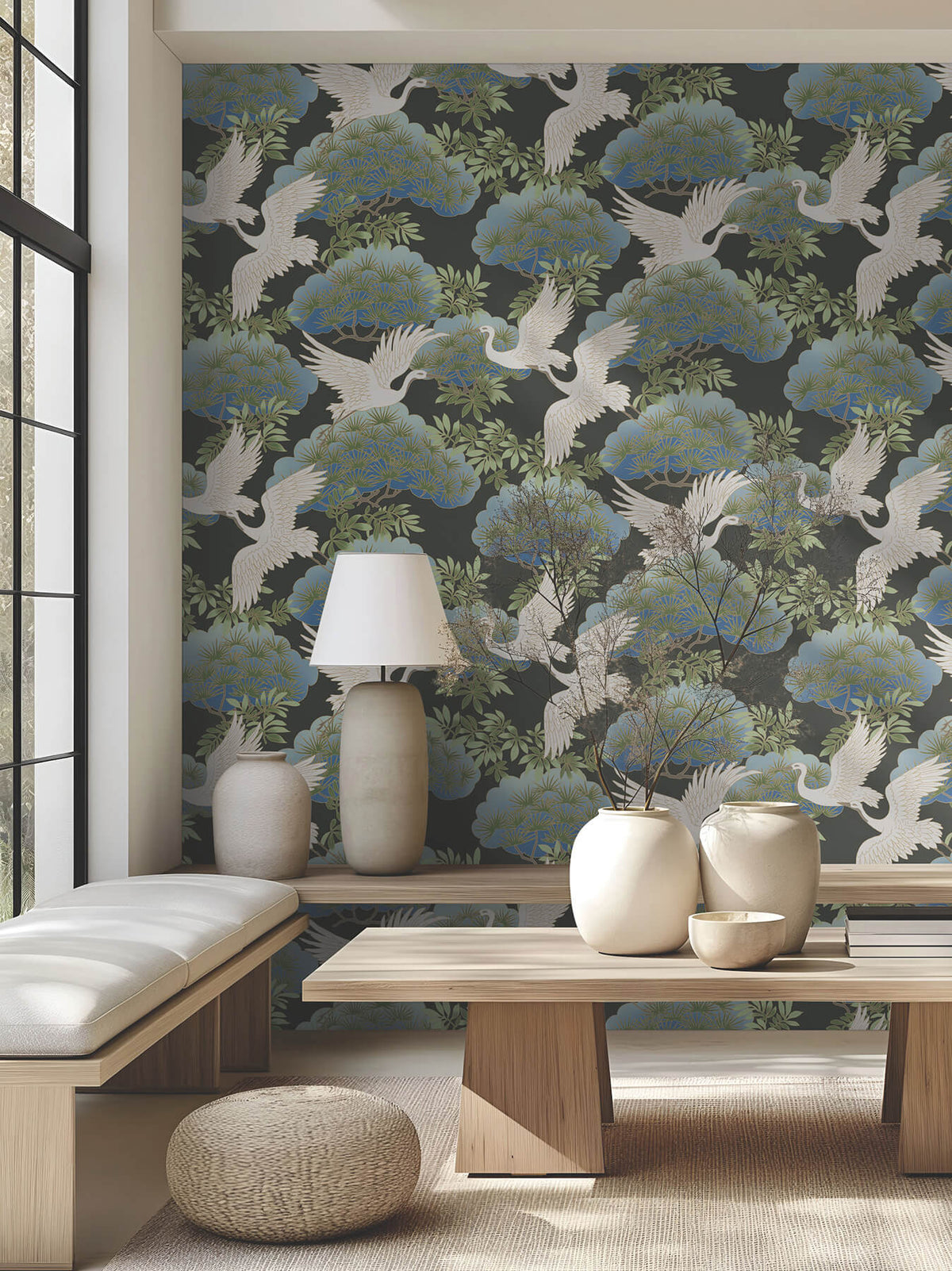 Ronald Redding Tea Garden Sprig & Heron Wallpaper Sample - Black