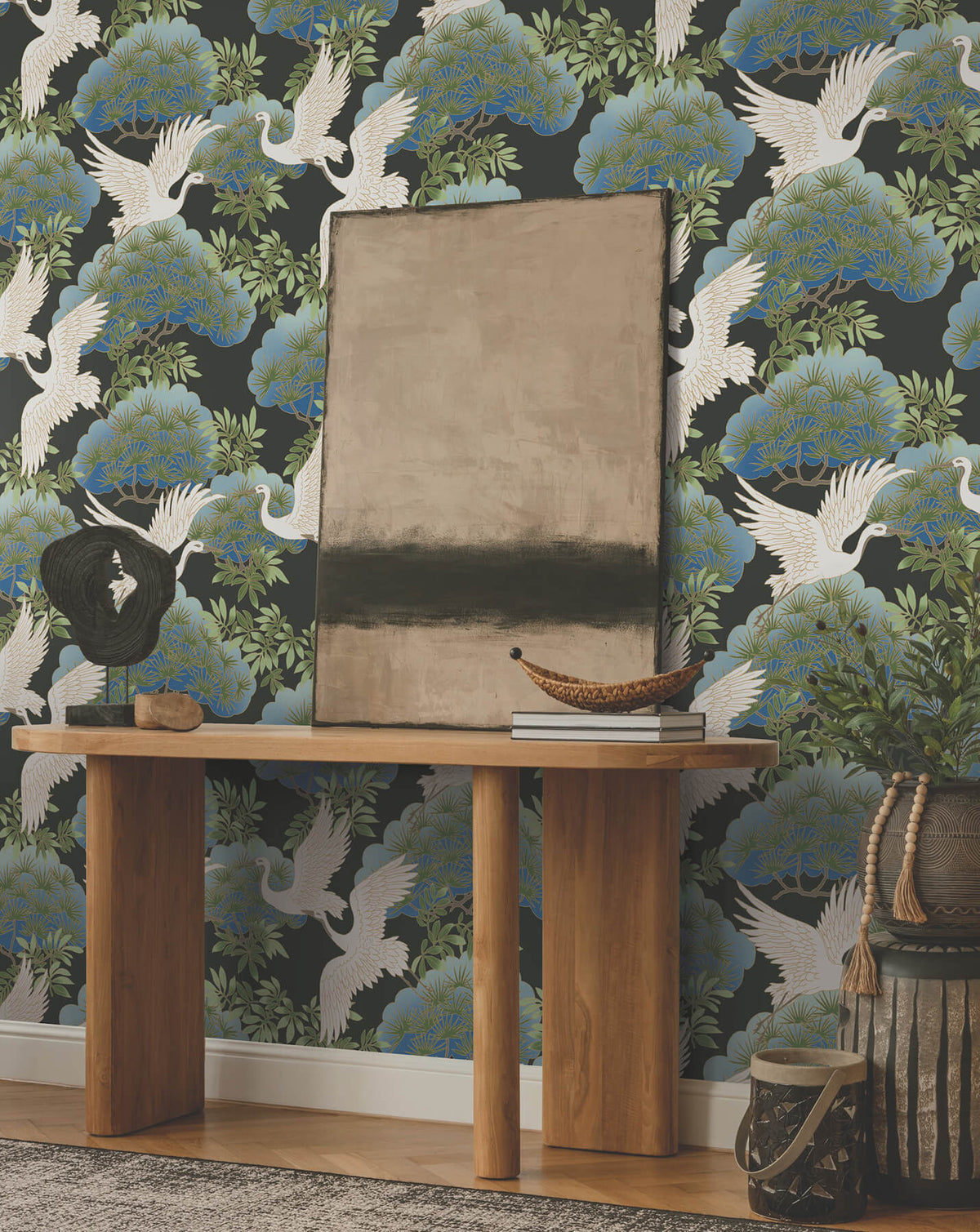 Ronald Redding Tea Garden Sprig & Heron Wallpaper Sample - Black