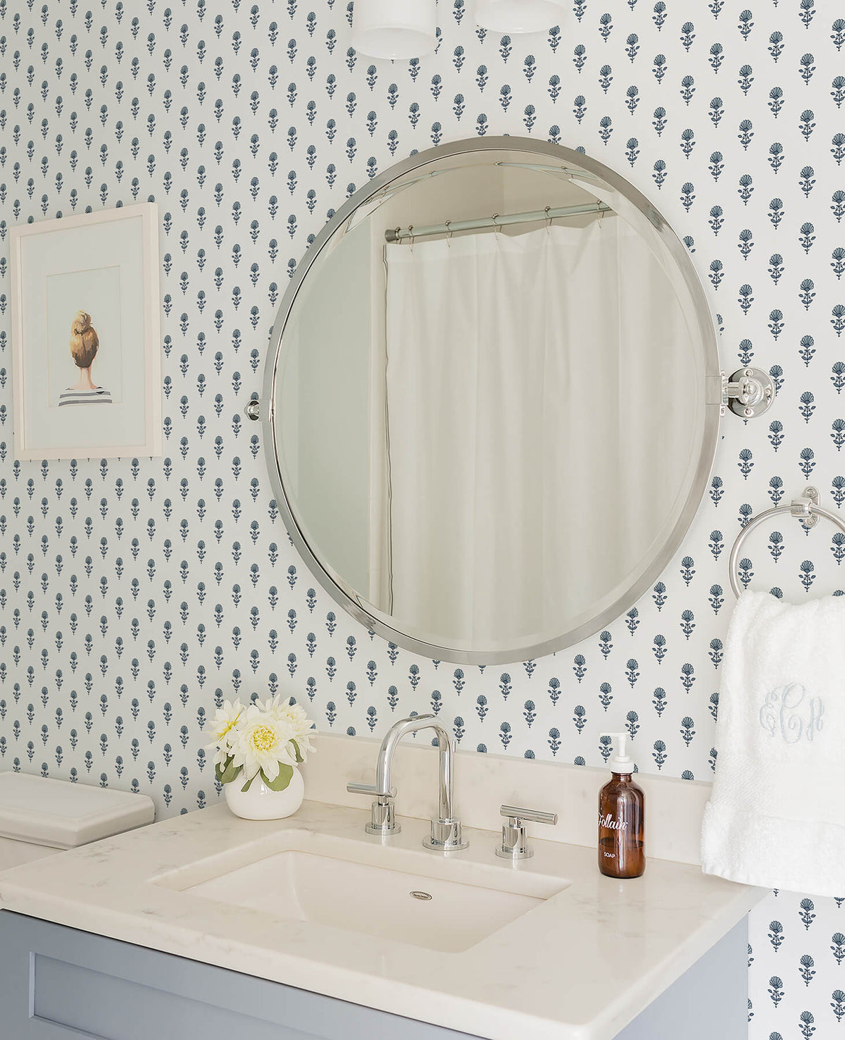 Erin Gates Libby Mini Floral Wallpaper Sample - Blue Heather