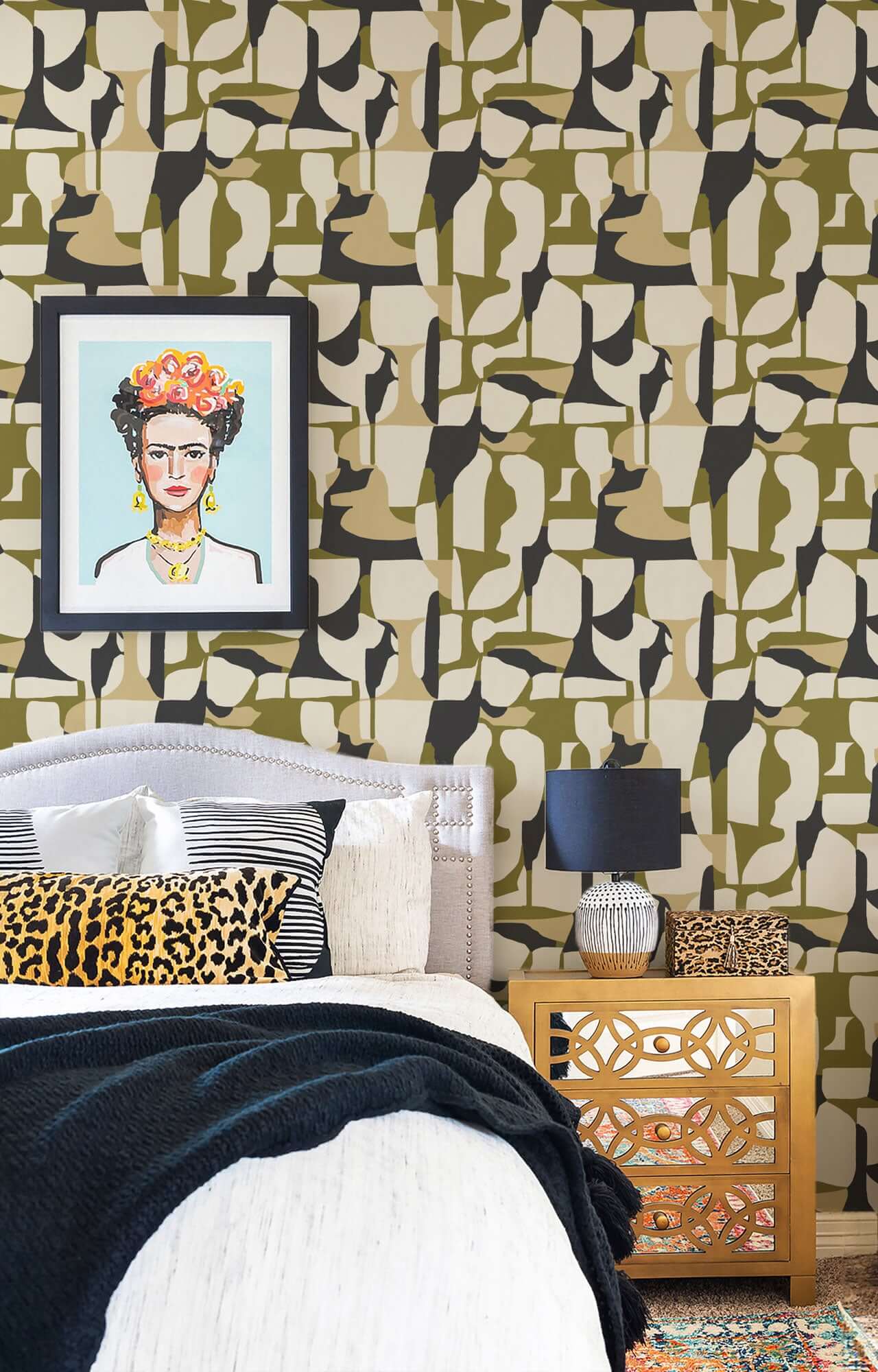 Mitchell Black Abstract Attraction Wallpaper - Olive Charcoal