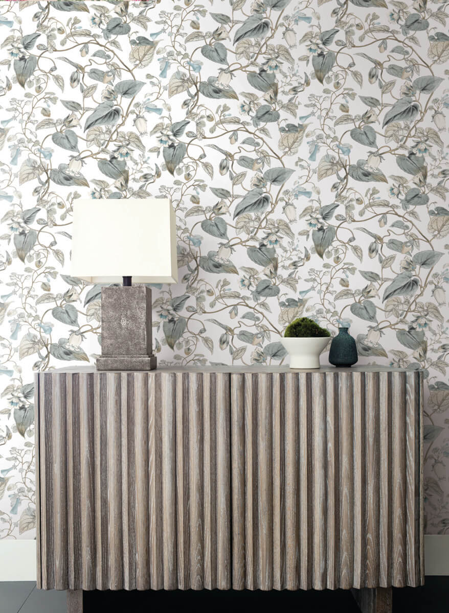 York Blooms Second Edition Moon Flower Wallpaper Sample - White & Blue