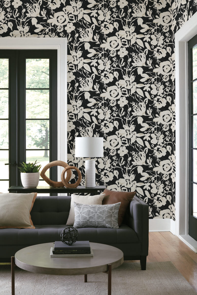 York Blooms Second Edition Brushstroke Floral Wallpaper - Black