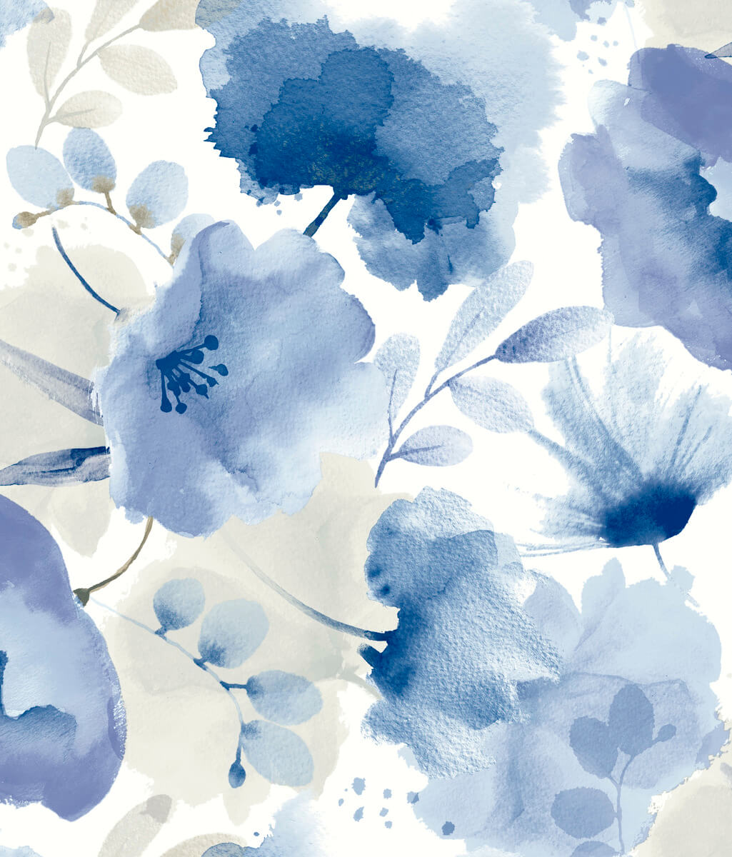 York Blooms Second Edition Watercolor Bouquet Wallpaper Sample - Cobalt