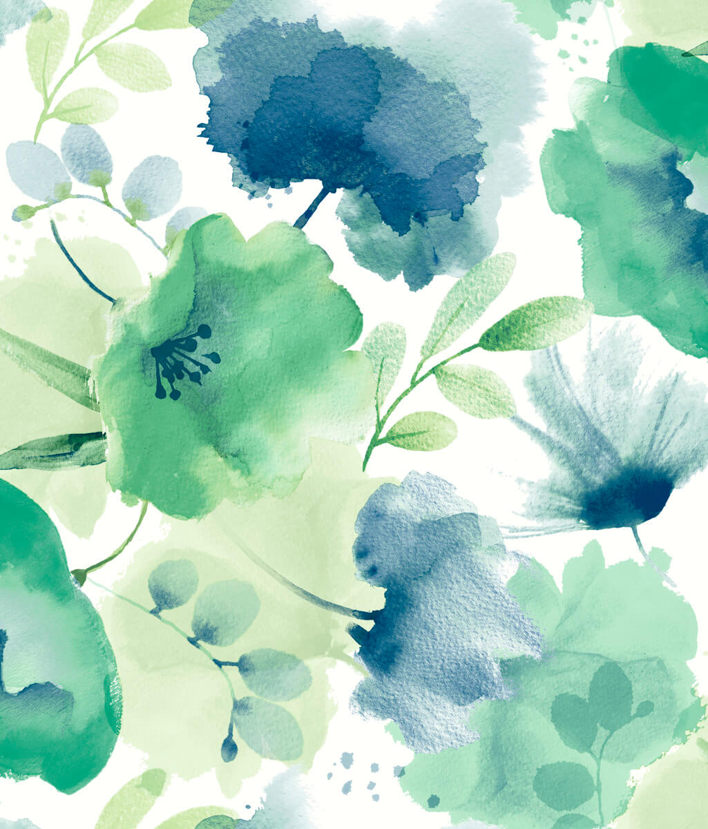 York Blooms Second Edition Watercolor Bouquet Wallpaper - Blue & Green