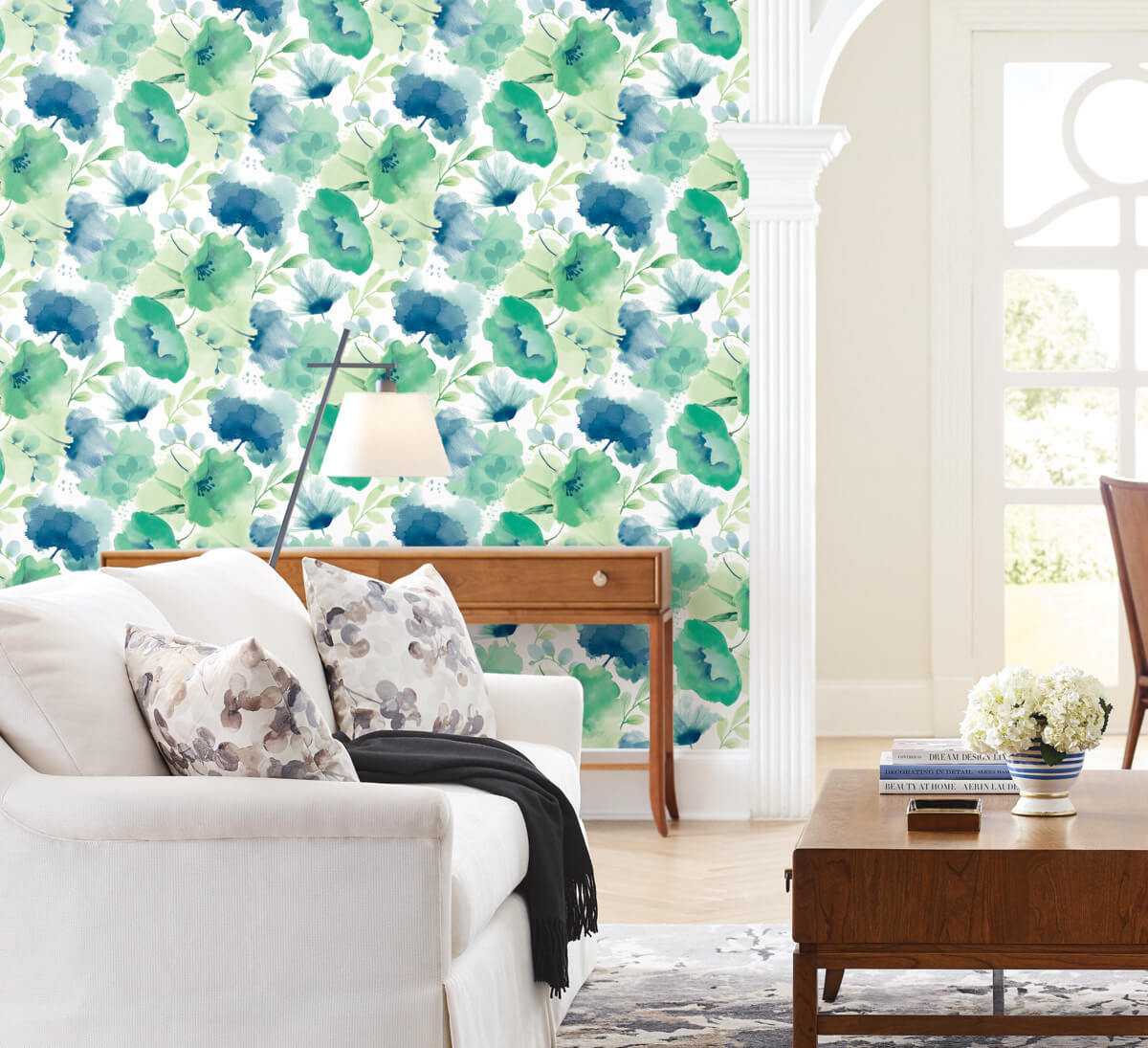 York Blooms Second Edition Watercolor Bouquet Wallpaper - Blue & Green