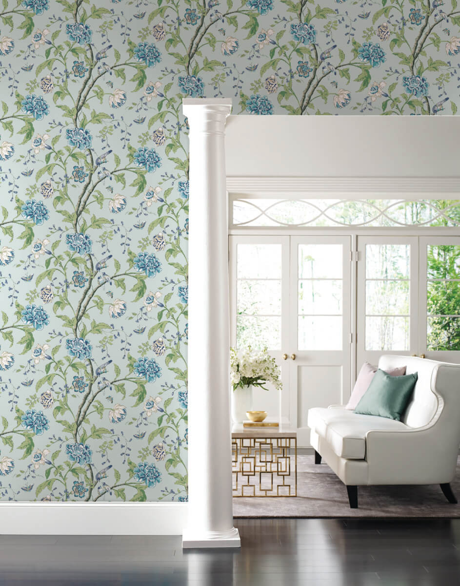 York Blooms Second Edition Teahouse Floral Wallpaper - Light Blue