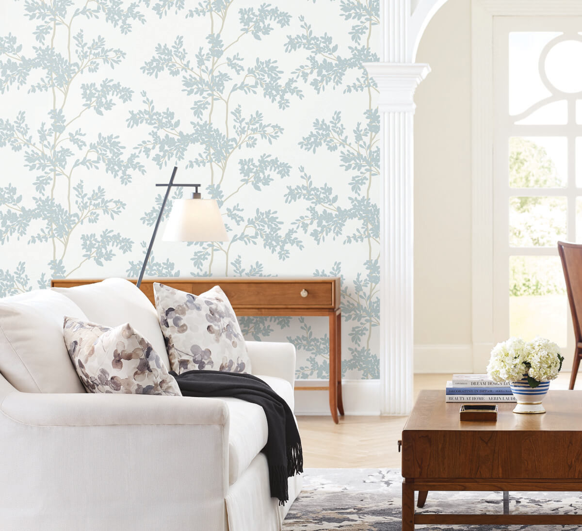 Light blue leaf pattern on a white background