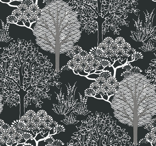 Black & White Resource Library Kimono Trees Wallpaper - Black & Metallic