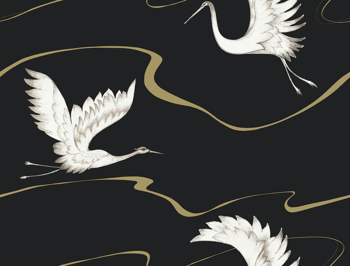 York Black & White Resource Library Soaring Cranes Wallpaper - Black & Gold