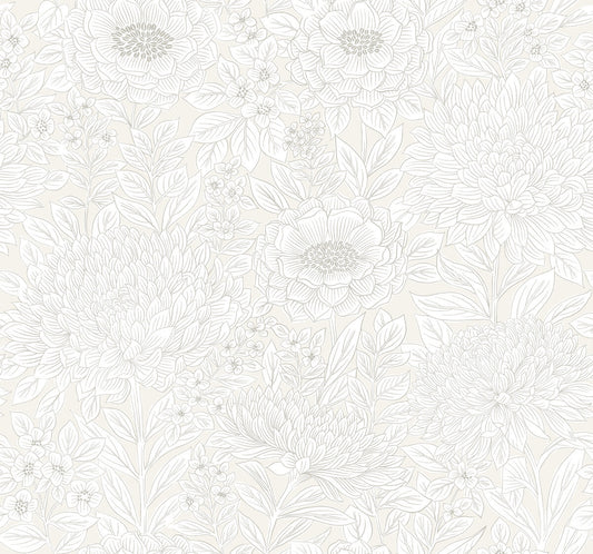 Black & White Resource Library Wood Block Blooms Wallpaper - Cream