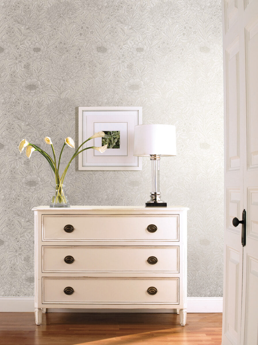 York Black & White Resource Library Wood Block Blooms Wallpaper Sample - Cream