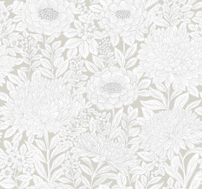 Black & White Resource Library Wood Block Blooms Wallpaper - Taupe & Silver