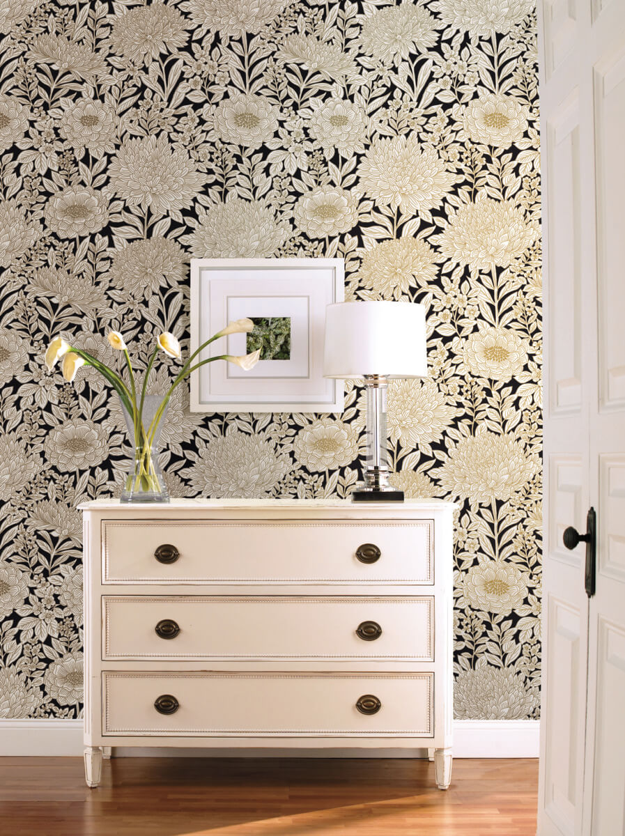 York Black & White Resource Library Wood Block Blooms Wallpaper - Black & Gold