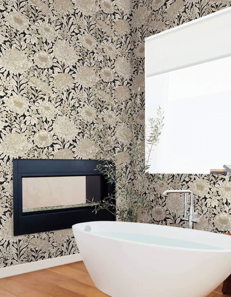 York Black & White Resource Library Wood Block Blooms Wallpaper - Black & Gold