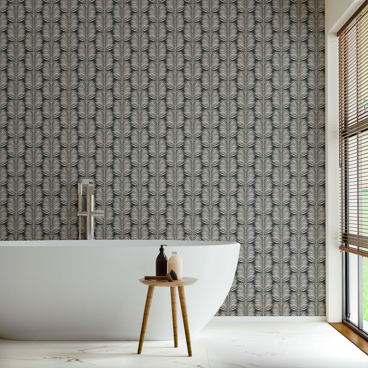 Mitchell Black Organic Betty White Palm Leaves Wallpaper Sample - Black Blush