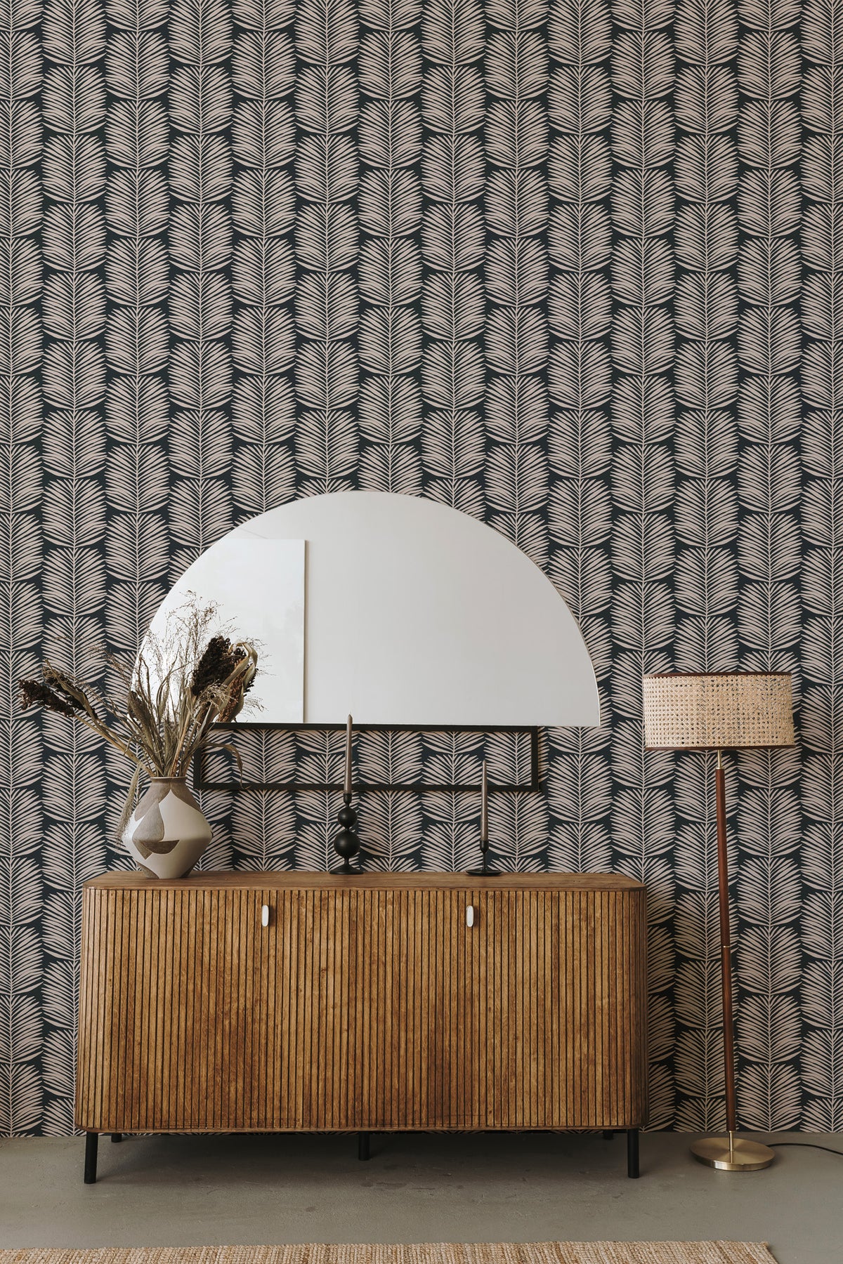 Mitchell Black Organic Betty White Palm Leaves Wallpaper Sample - Black Blush