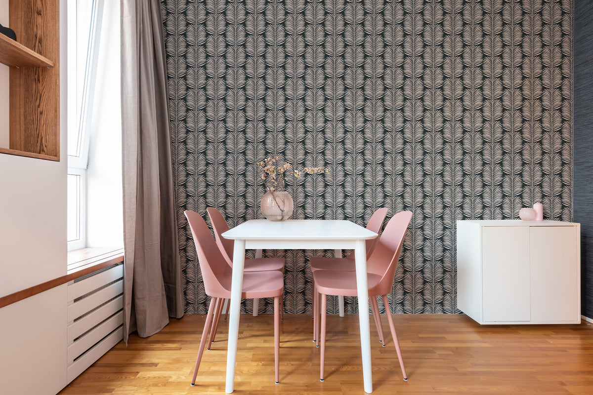 Mitchell Black Organic Betty White Palm Leaves Wallpaper Sample - Black Blush