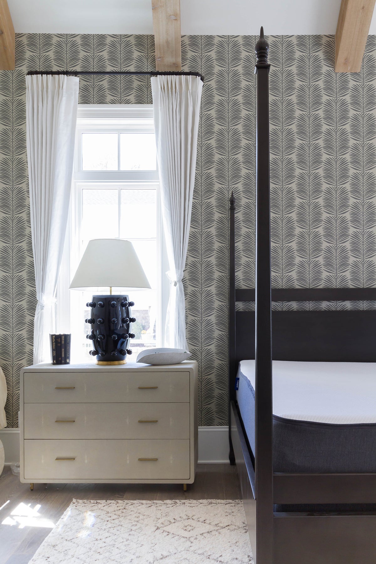 Mitchell Black Organic Betty White Palm Leaves Wallpaper Sample - Cashmere