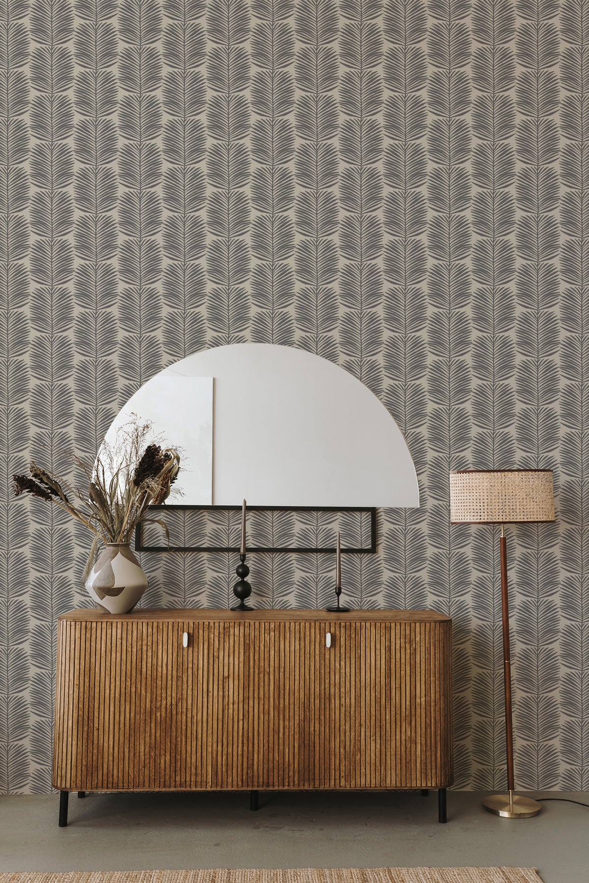 Mitchell Black Organic Betty White Palm Leaves Wallpaper Sample - Cashmere
