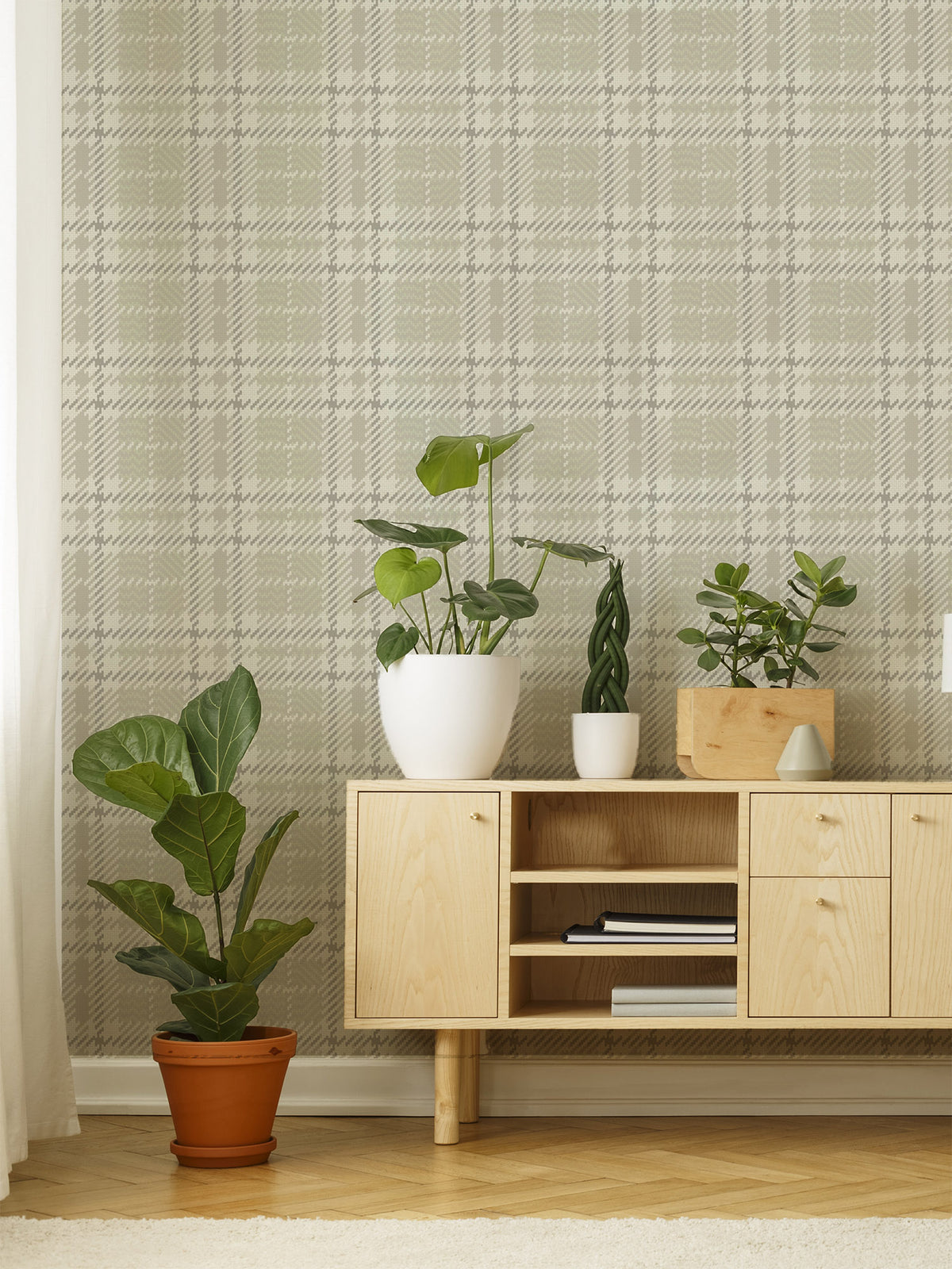Mitchell Black Co Ed Clark Plaid Wallpaper Sample - Berteau Beige