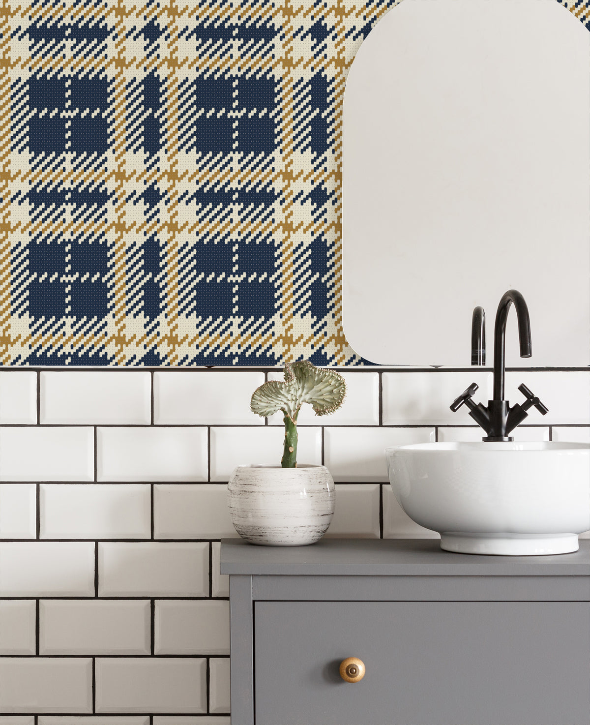 Mitchell Black Co Ed Clark Plaid Wallpaper Sample - Navy Gold Coast