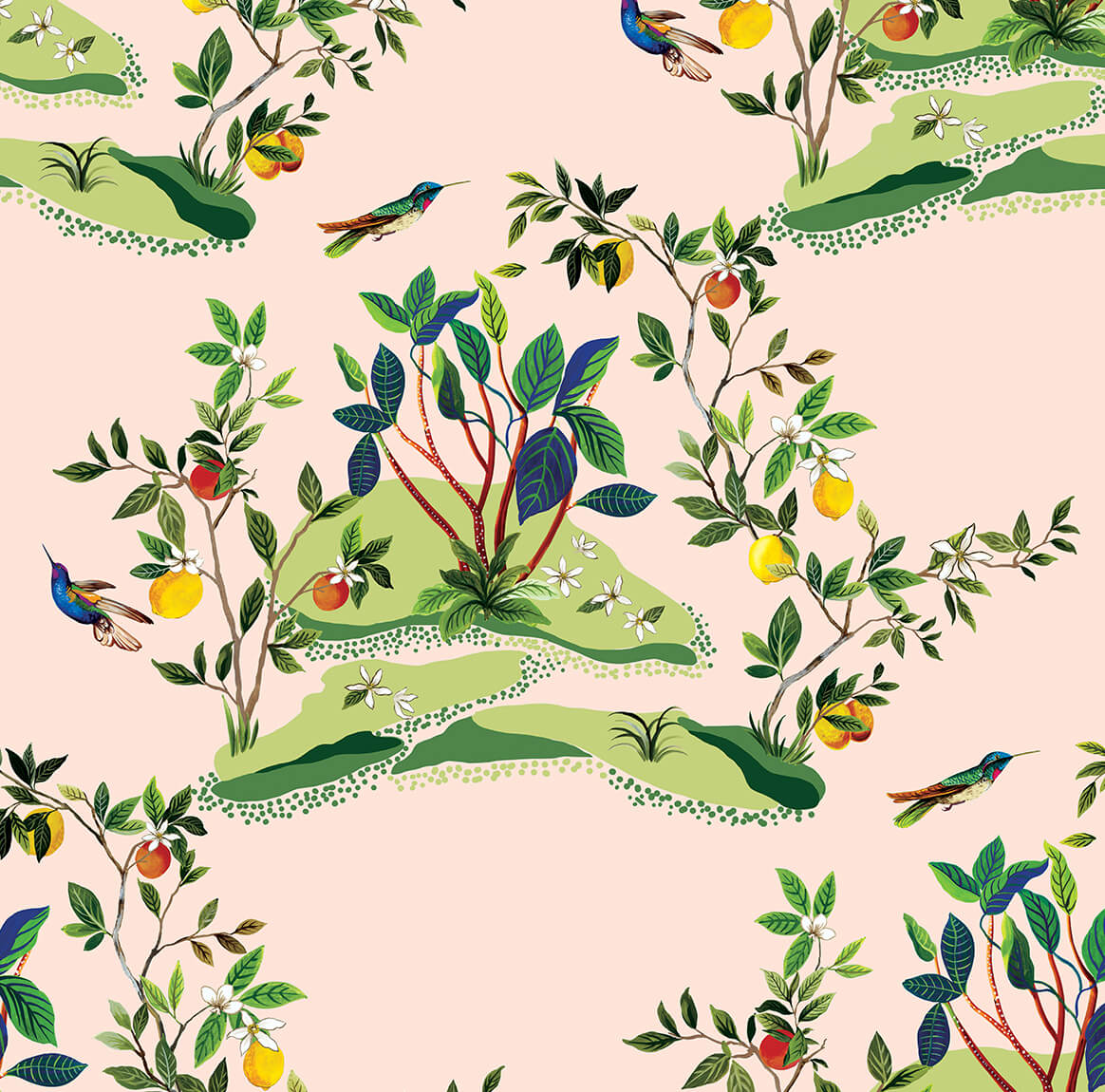 Daisy Bennett West Boulevard Collection Citrus Hummingbird Wallpaper Sample - Blush