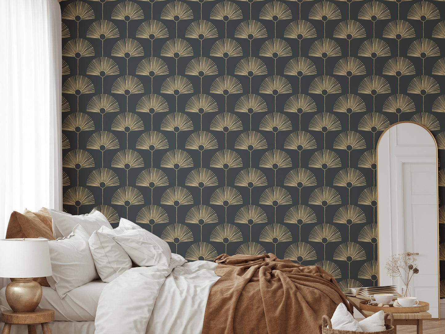 Mitchell Black Bohemian Bungalow Deco Fan Wallpaper - Black & Gold