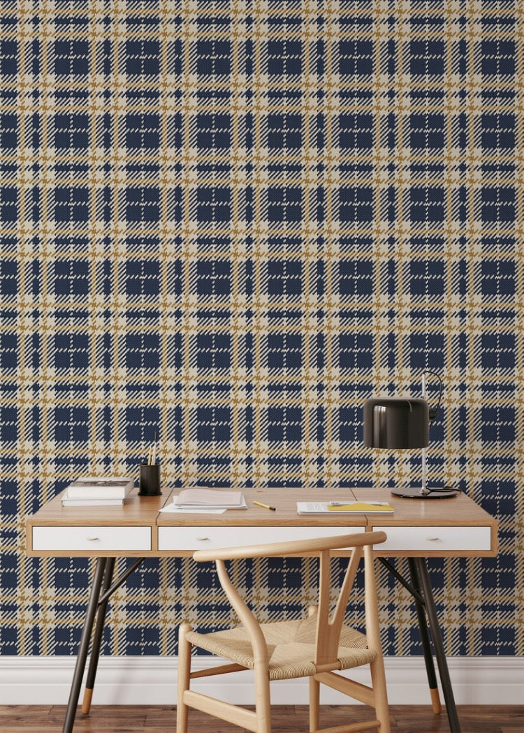 Mitchell Black Co Ed Clark Plaid Wallpaper Sample - Navy Gold Coast