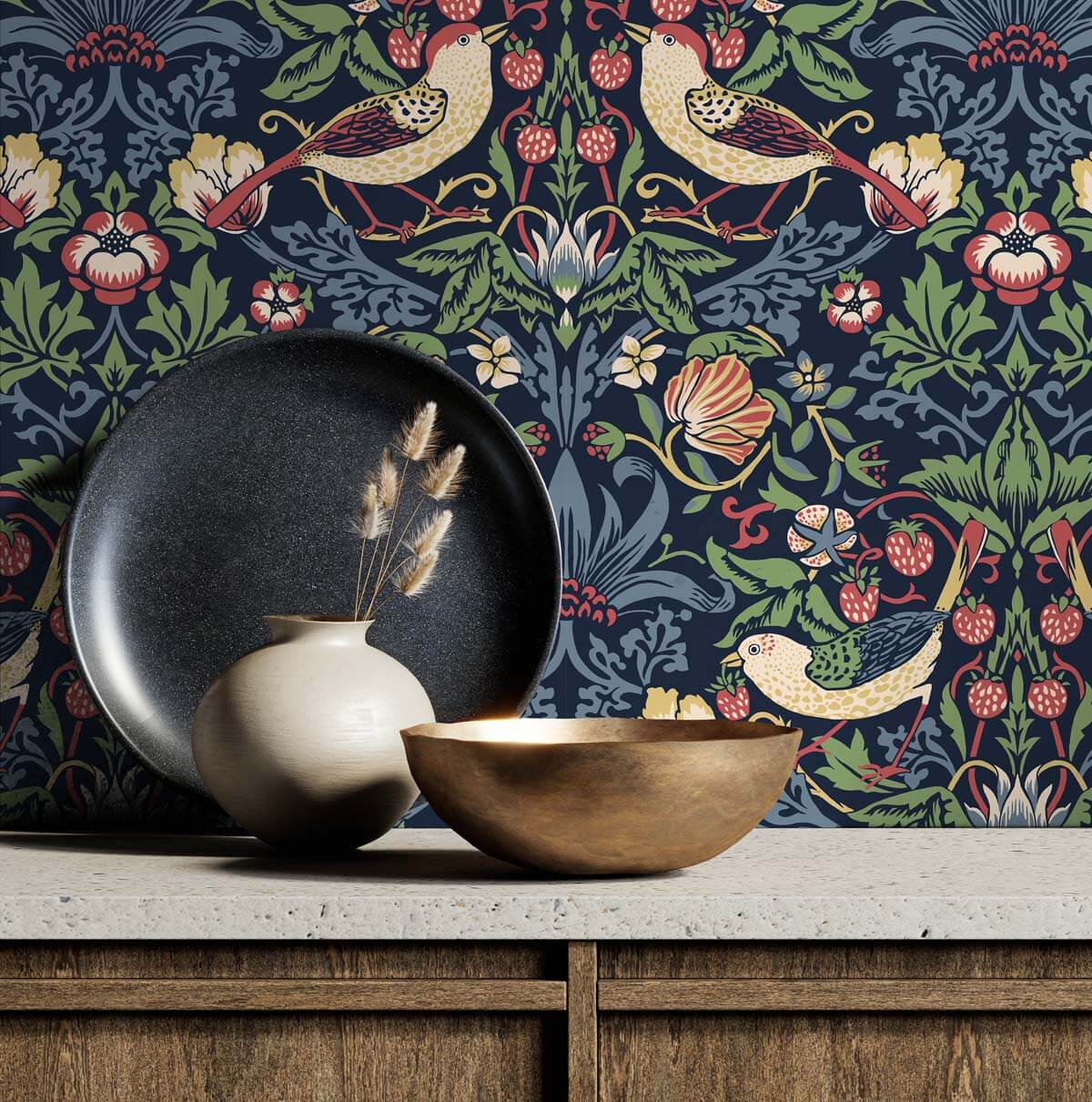 Seabrook Legacy Prints Fragaria Garden Wallpaper Sample - Midnight Blue
