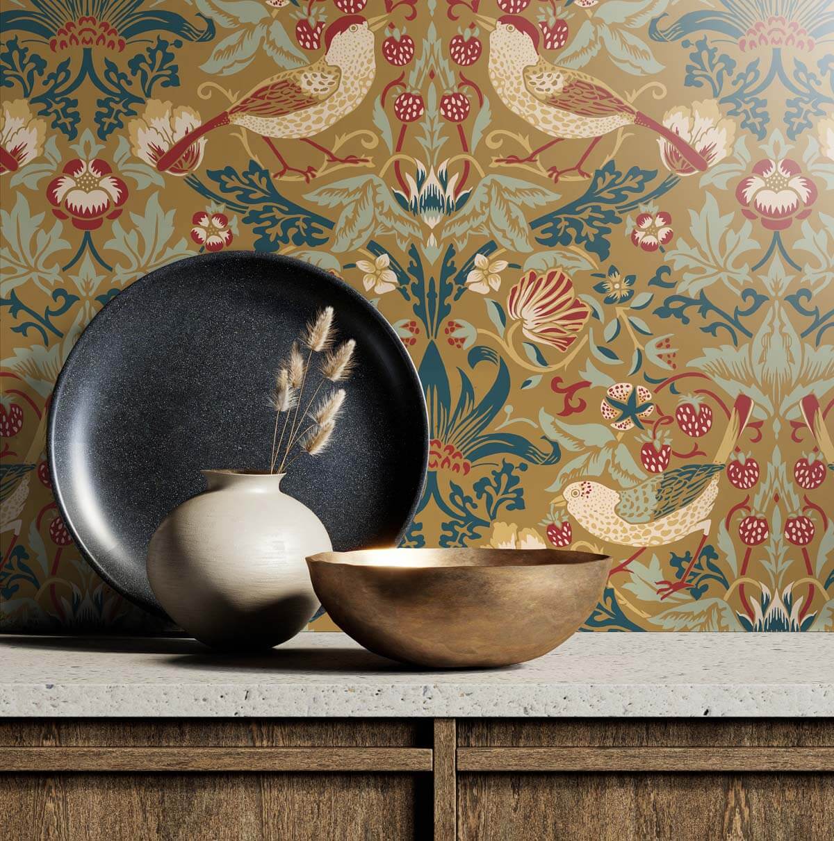 Seabrook Legacy Prints Fragaria Garden Wallpaper - Ochre