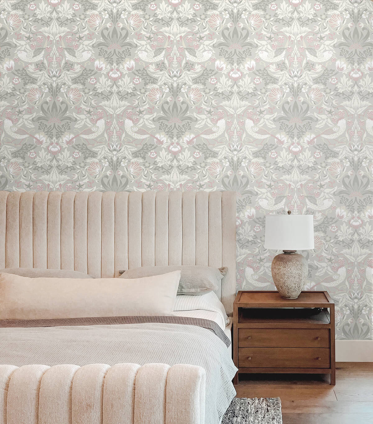 Seabrook Legacy Prints Fragaria Garden Wallpaper Sample - Light Grey & Rose Petal