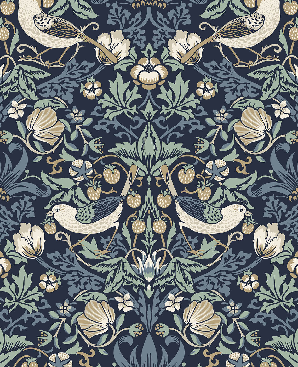 Seabrook Legacy Prints Fragaria Garden Wallpaper Sample - Navy Blue & Aloe
