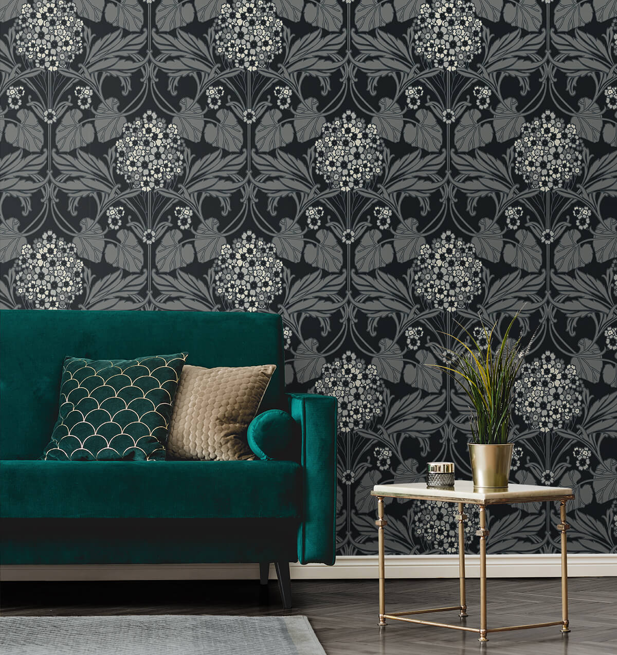 Seabrook Legacy Prints Floral Hydrangea Wallpaper Sample - Ebony & Charcoal