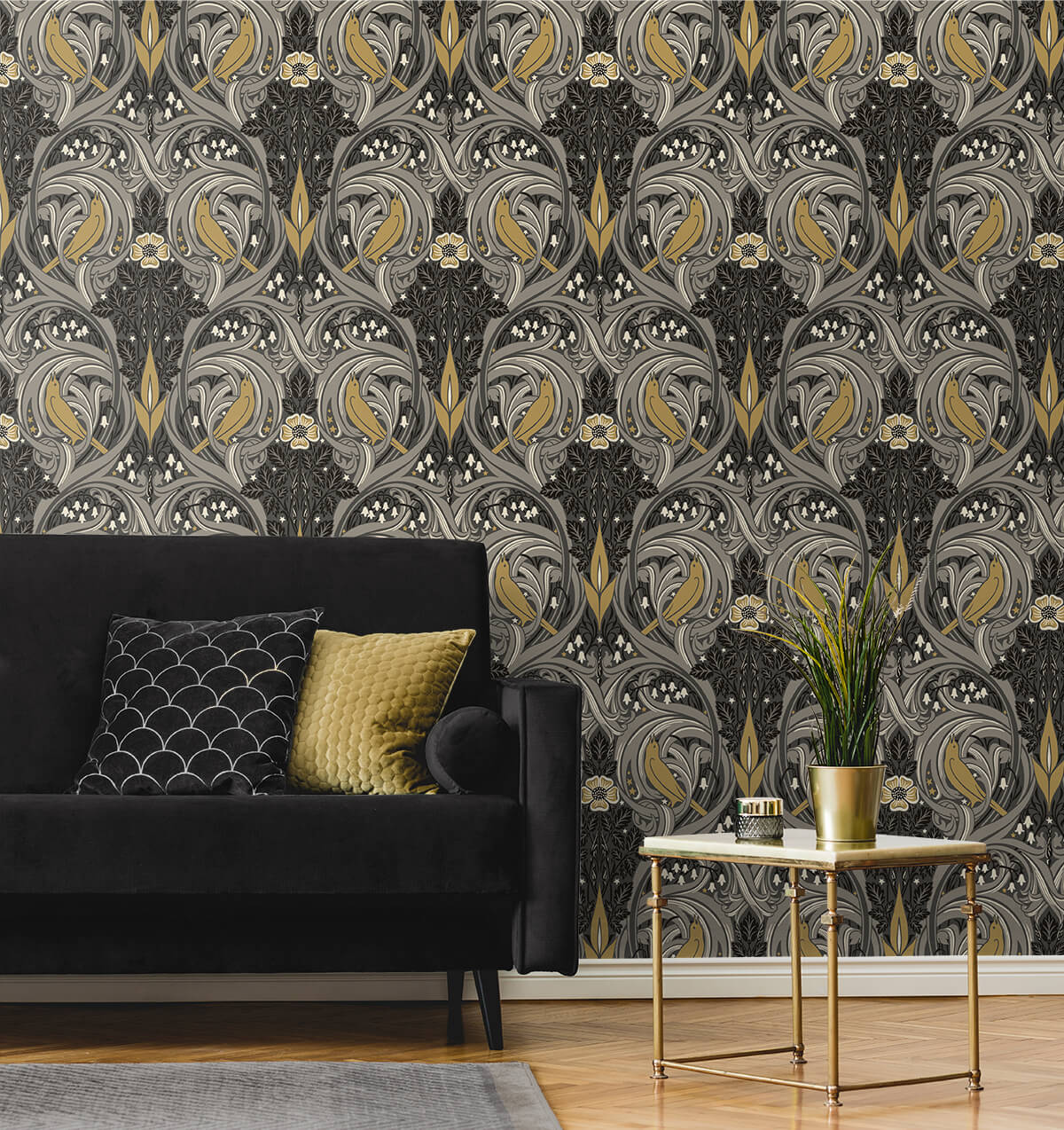 Seabrook Legacy Prints Bird Scroll Wallpaper - Charcoal & Goldenrod